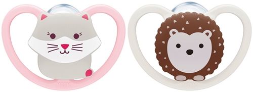 NUK Space 0-6 Månader Napp 2-pack, Katt/Igelkott