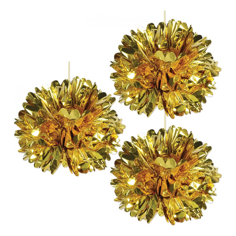 Pom Pom Guldmetallic Hängande Dekoration - 3-pack