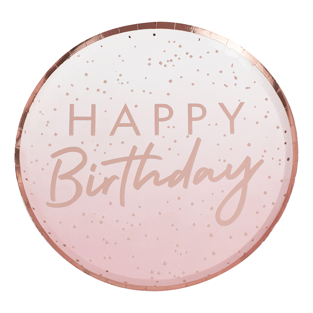 Papperstallrikar Happy Birthday Rosa/Roséguld