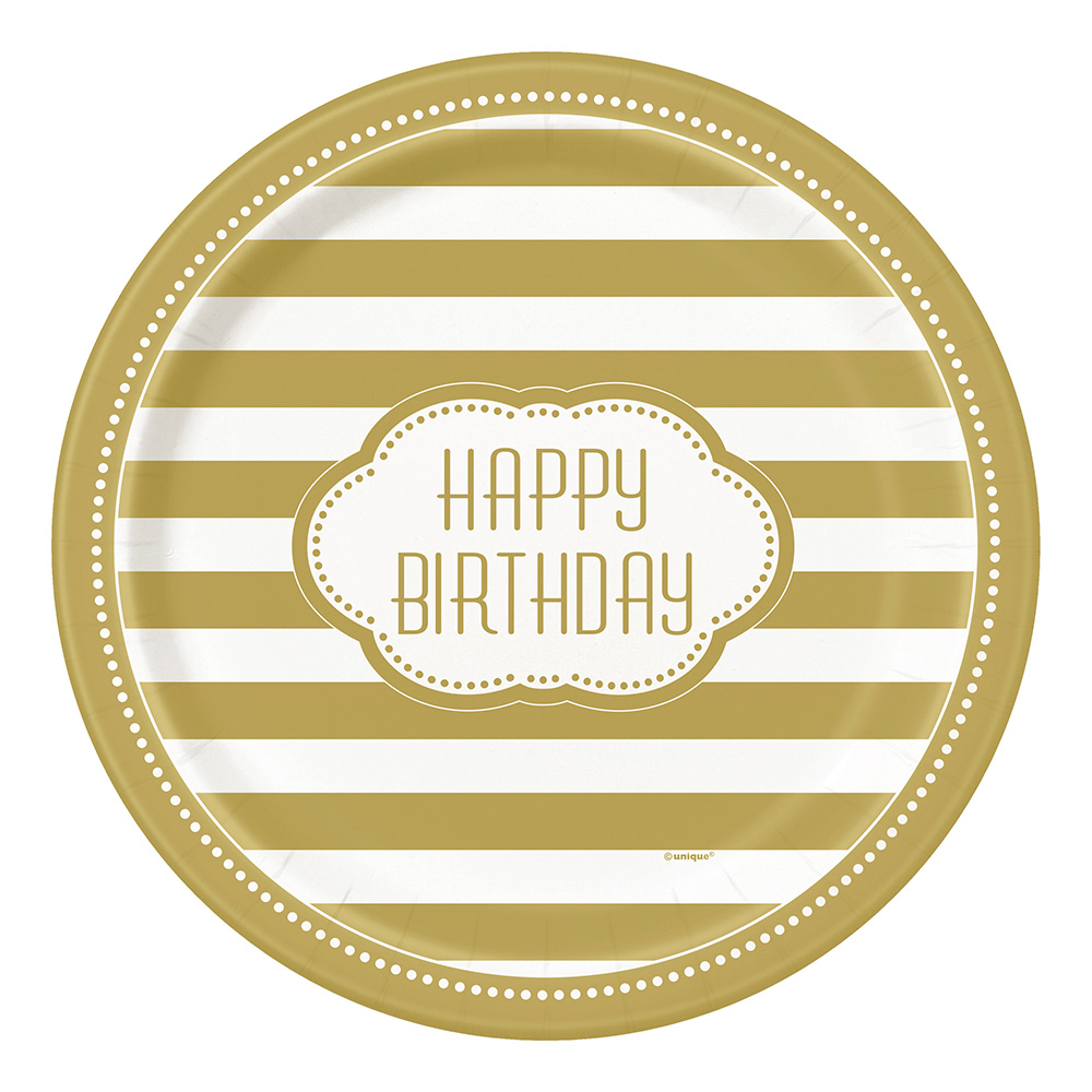 Papperstallrikar Happy Birthday Guld - 8-pack