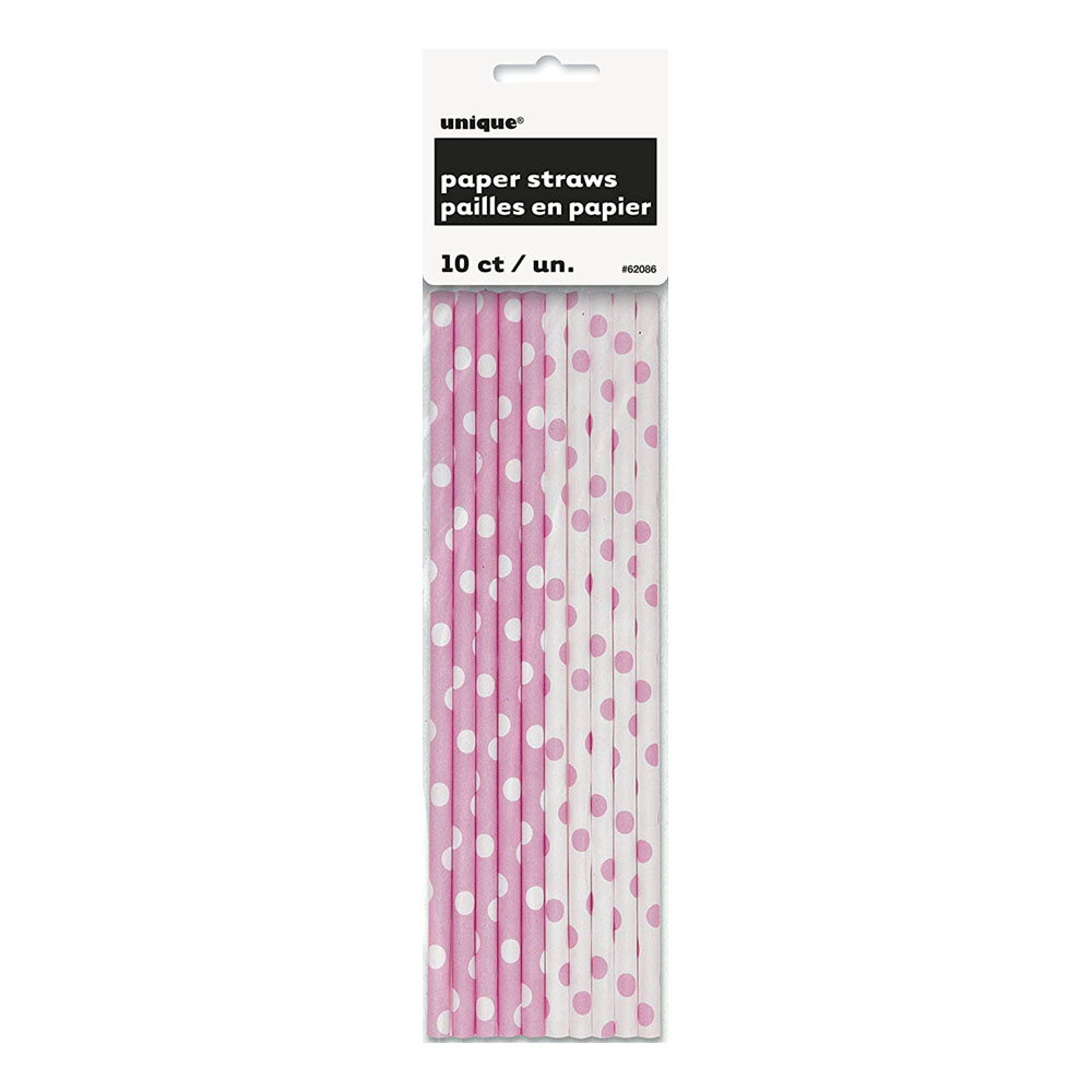 Papperssugrör Vit/Ljusrosa Prickiga - 10-pack