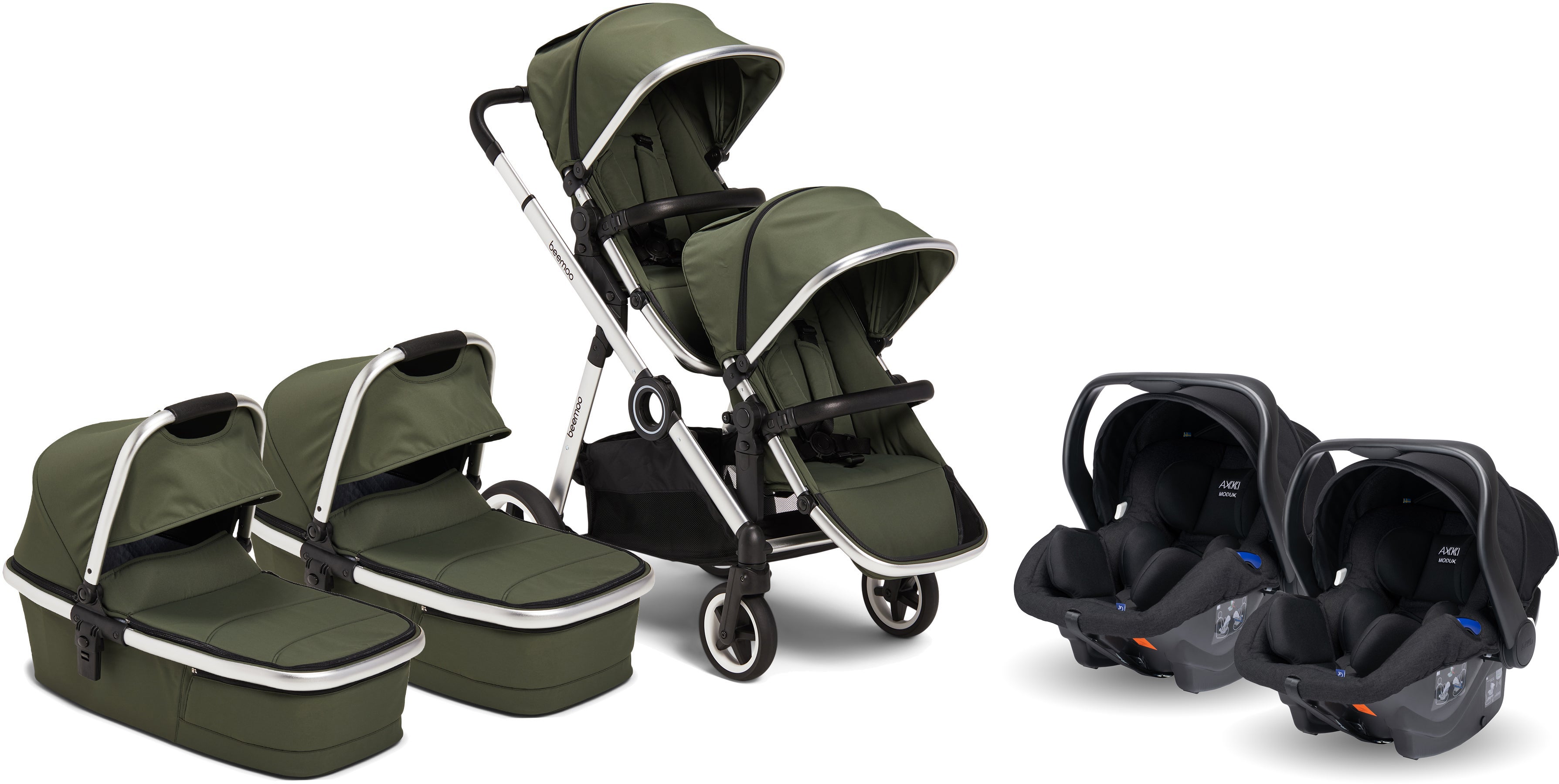 Beemoo Pro Multi Tvillingvagn inkl. Liggdel & Axkid Modukid, Cilantro Green