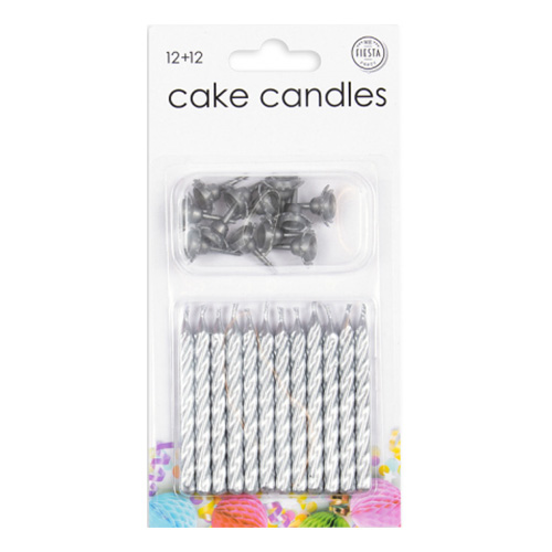 Tårtljus med Hållare Silver - 12-pack